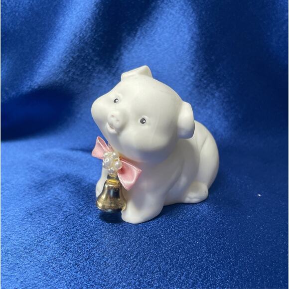 Small Bisque Porcelain Cute White Pig with Bell Collar - Picture 1 of 8